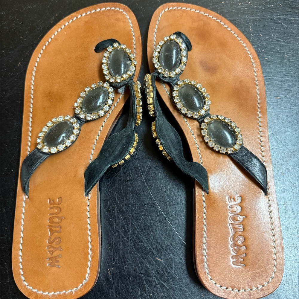 Mystique Boutique Black and Tan Embellished Sandals